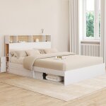 Idmarket lit double clem avec rangements + t�te de lit et sommier 160 x 200 cm blanc et h�tre