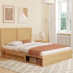 Idmarket lit double edhen avec rangements + t�te de lit effet cannage naturel et sommier 140 x 190 cm ...