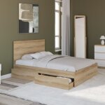 Idmarket lit double omaha 4 tiroirs sur roulettes avec t�te de lit et sommier 140 x 190 cm fa�on h�tre ...