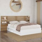 Idmarket lit double savana avec t�te de lit chevets rangements et sommier 140 x 190 cm blanc et fa�on ...