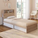 Idmarket lit simple clem avec rangement t�te de lit et sommier 90 x 190 cm h�tre et blanc