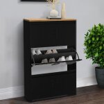 Idmarket meuble � chaussures 18 paires maxi capacit� ester 3 portes m�tal noir et plateau fa�on h�tre ...