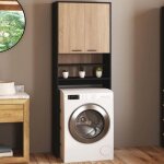 Idmarket meuble �tag�res de rangement dessus machine � laver et wc wallis noir et bois fa�on h�tre