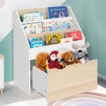 Idmarket meuble de rangement biblioth�que enfant mana 3 �tag�res et 1 bac sur roulettes blanc et h�tre ...