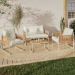 Idmarket salon de jardin bas rio 4 places structure m�tal blanc cordage effet rotin clair et coussins ...