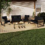 Idmarket salon de jardin bas rio 6 places structure m�tal noir cordage effet rotin clair et coussins ...