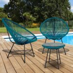 Idmarket salon de jardin izmir table et 2 fauteuils oeuf cordage bleu canard