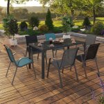 Idmarket salon de jardin madrid table 150 cm et 6 chaises empilables mix color gris noir et bleu