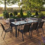 Idmarket salon de jardin madrid table 190 cm et 8 chaises empilables gris anthracite plateau transparent ...