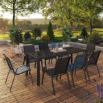 Idmarket salon de jardin madrid table 190 cm et 8 chaises empilables mix color bleu gris et noir