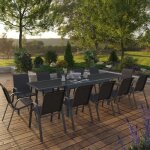 Idmarket salon de jardin madrid table extensible plateau gris 135 - 270 cm et 12 chaises empilables gris ...