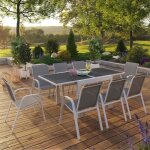Idmarket salon de jardin poly table extensible 90 - 180 cm et 8 chaises blanc et gris