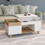 Idmarket table basse rectangulaire plateau relevable et plateau amovible avec coffre lola bois et blanc ...