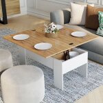 Idmarket table basse rectangulaire plateau relevable convertible en table � manger tara bois blanc et ...