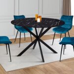 Idmarket table � manger ronde alix 6 personnes pied araign�e noir et plateau effet marbre noir alaska ...
