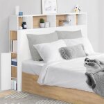Idmarket t�te de lit sur pied cleo 165 cm avec rangements ferm�s et niches blanc et fa�on h�tre