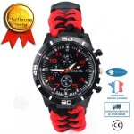 Montre multifonction de survie - innovtec - tress�e en corde - �tanche - boussole - thermom�tre - silex ...