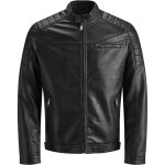 Veste en cuir - jack & jones - noir - finitions motardes - ourlet r�glable - trois poches avant