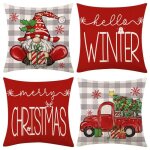 Lot de 4 housse de coussin - 45x45cm - coton et lin - carr� - �l�ments de no�l - d�coration dint�rieur ...