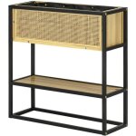 Jardini�re sur pied style naturel - outsunny - 55x20x56cm - m�tal noir bois sapin verni bambou tress� ...