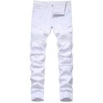Jeans blanc moto homme droit 5 poches effet pliss et dlav pantalon en jean fashion couleur unie