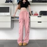 Jean cargo femme taille haute pantalon large à bretelles multi - poches Jean cargo femme taille haute pantalon large à bretelles multi - poches