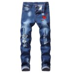 Jeans déchirés broderie homme insfity slim fit stretch effet délavé - bleu Jeans déchirés broderie homme insfity slim fit stretch effet délavé - bleu