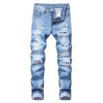 Jeans dchir coupe droite homme 5 poches fashion pantalon en jean effet abrasion et dlav - bleu clair ...