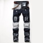 Jeans dchirs stretch homme insfity - coupe droite - 5 poches - effet abrasion et blanche - bleu / blanc ...