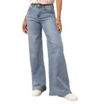 Jeans droit � taille haute dot� de 5 poches. fermeture par un bouton et un zip devant. mod�le avec passants ...