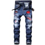 Jeans fashion stretch homme slim fit 5 poches pantalon en jean broderie effet dlav - bleu