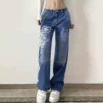 Jeans pour femmes jean droit ample taille haute imprimé Jeans pour femmes jean droit ample taille haute imprimé