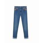 Jean femme intropia en coton poches brodes - bleu - ajuste - taille basse
