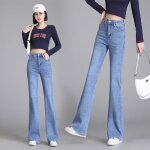 Jeans femme taille haute slim amincissant pantalon en jean stretch evase 5 poches effet dlav - bleu ...