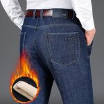 Jean hiver homme doubl polaire coupe droite taille haute pantalon en denim chaud 5 poches effet dlav ...