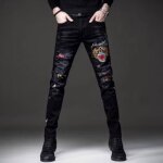 Jeans hommes slim noir - funmoon - tendance brod imprim skinny
