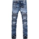 Jeans moto stretch homme slim fit effet plissé avec zippé jean fashion délavé 5 poches - bleu Jeans moto stretch homme slim fit effet plissé avec zippé jean fashion délavé 5 poches - bleu
