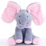 Jouet lphant chantant en peluche interactif - kalavika - cache yeux - rose et gris