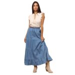 Jupe en coton style denim et � grands volants. dot�e dune fine ceinture tress�e amovible. �lastiqu�e ...