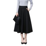 Jupe femme plisse vase taille haute mi longue lasticit jupe a - ligne elegant couleur unie - noir ...