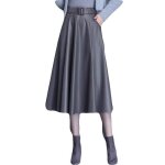 Jupe femmes pu en cuir pliss�e vintage de a - ligne taille haute avec poches - gris - femme fbc102a