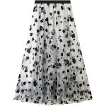 Jupe femme tapze longue plisse en tulle floqu et en dentelle brode pour printemps et t (blanc)