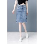 Jupe en jean femme mi - longue taille haute casual effect délavé broderie Jupe en jean femme mi - longue taille haute casual effect délavé broderie