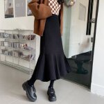 Jupe mi - longue taille haute fendue en queue de poisson pour femmes - vitata - hiver - couleur noir Jupe mi - longue taille haute fendue en queue de poisson pour femmes - vitata - hiver - couleur noir