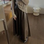 Jupe trapèze en cuir pu pour femme - vitata - taille haute - automne et hiver - marron Jupe trapèze en cuir pu pour femme - vitata - taille haute - automne et hiver - marron