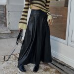 Jupe trapèze en cuir pu pour femme - vitata - taille haute - automne / hiver - noir Jupe trapèze en cuir pu pour femme - vitata - taille haute - automne / hiver - noir