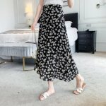 Jupe trapze taille haute  fleurs pour femme - noir - polyester