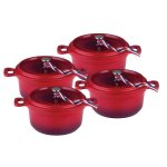Kamberg - set 4 mini cocottes � 12 cm ronde rouge flamm�e - fonte daluminium - rev�tement pierre - tous ...