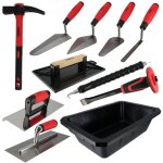 Kit 11 outils maonnerie - 4 truelles - taloche - platoir - auge 10l - fer  bordure - torsadeuse fil ...