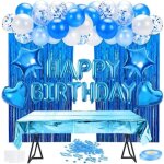 Kit de d�coration danniversaire bleu - qa34351 - nappe rideau � franges ballons �toile et coeur confettis ...